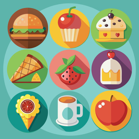 Collection of various food icons in flat design style.のイラスト素材