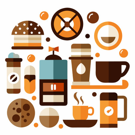Coffee shop illustration with coffee beans, cookies, and various coffee containers.のイラスト素材