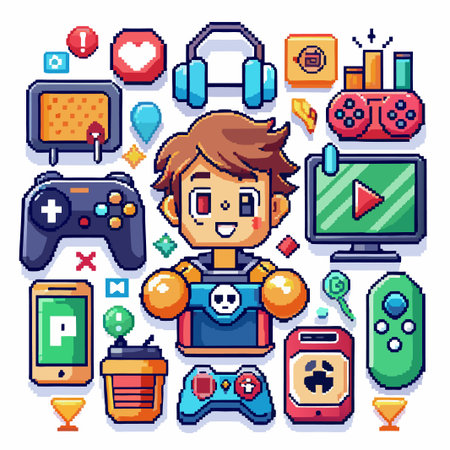 Pixel art illustration of a gamer with a variety of gaming items around him.のイラスト素材