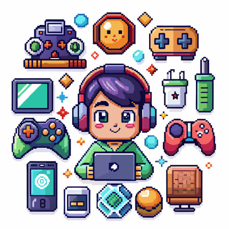 Pixelated Gamer Surrounded by Gaming Consoles and Accessories.のイラスト素材