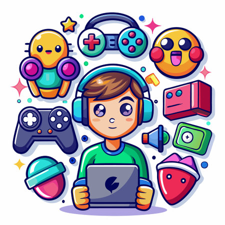 Cute cartoon gamer boy wearing headphones and holding a tablet surrounded by video game icons.