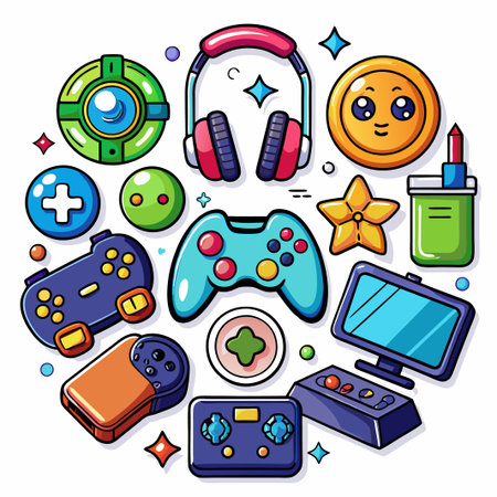 Colorful cartoon game controllers, headphones, and a joystick.のイラスト素材