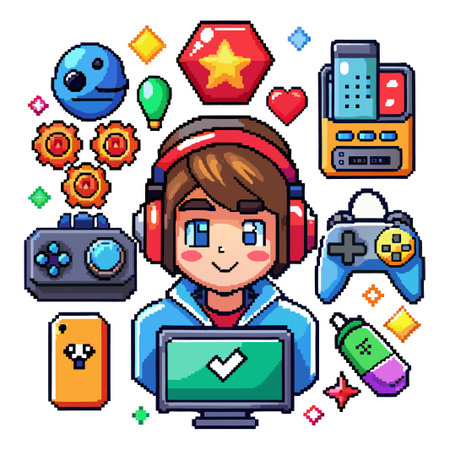 Pixel art illustration of a gamer with a computer and game controllers.のイラスト素材