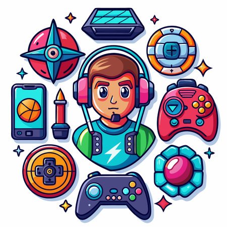 Gamer with Gamepad, Headset and Other Game Accessories.のイラスト素材