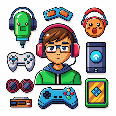 A cartoon gamer wearing headphones, glasses and a green hoodie with a bunch of gaming gear around him.のイラスト素材