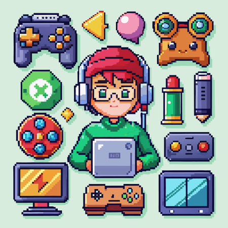 Pixel art illustration of a gamer girl using a laptop with various gaming symbols around her.のイラスト素材