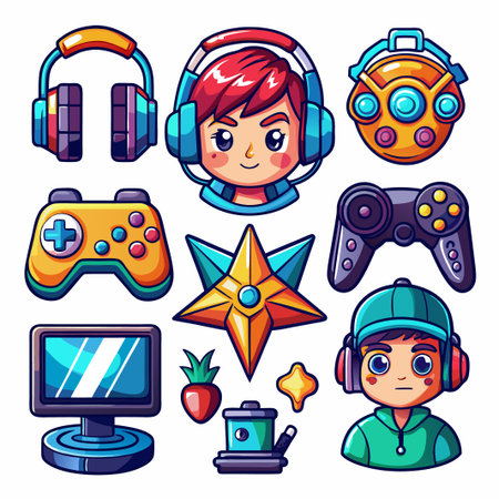 Cute cartoon characters and gaming accessories.のイラスト素材
