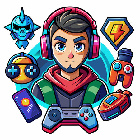 Gamer avatar with headset and game accessories.のイラスト素材