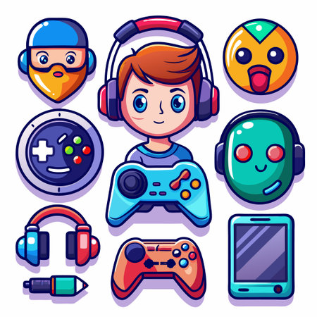 Cute cartoon characters playing video games.のイラスト素材