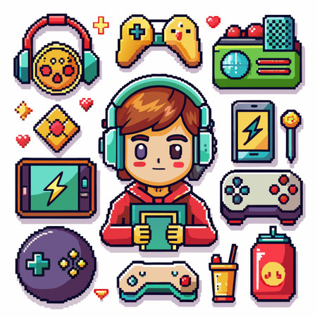 Pixel art illustration of a gamer with various gaming icons.のイラスト素材