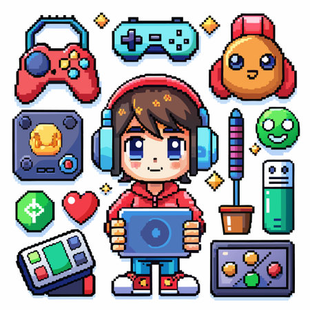 Pixelated character with gaming elements around them, holding a tablet.のイラスト素材