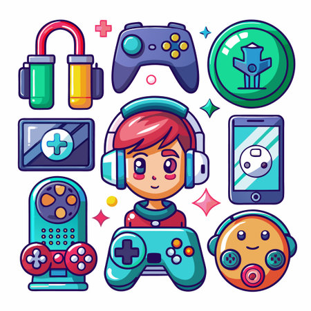 Gamer character with joystick, headphone, phone, and other gaming items.のイラスト素材