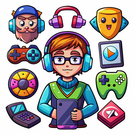 Gamer Boy with Phone and Headphones Surrounded by Gaming Accessories.のイラスト素材