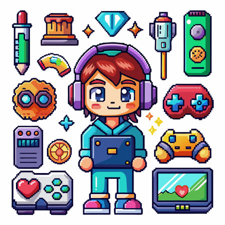 Pixelated gamer character surrounded by gaming elements.のイラスト素材