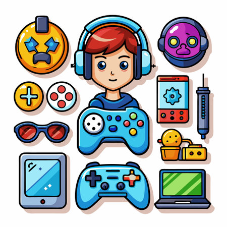 Gamer Character with Accessories A cartoon illustration of a gamer character with headphones, sunglasses, and a gaming controller surrounded by gaming-related icons.のイラスト素材