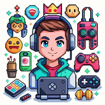 Pixel art gamer character with a laptop, headphones and game controllers.のイラスト素材