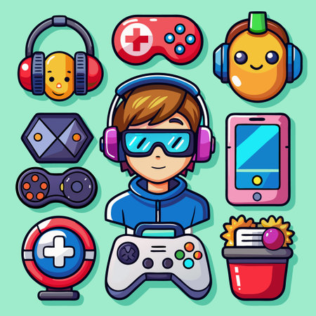 Cartoon gamer character with various gaming accessories.のイラスト素材