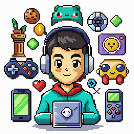 Pixelated Illustration of a Gamer Using a Laptop With Gaming-Themed Objects Surrounding Him.のイラスト素材
