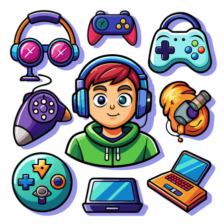 Cartoon Gamer Boy with Headphone, Laptop, and Game Controllers.のイラスト素材