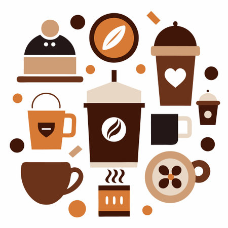 Coffee cup, mug, and drink icons arranged in a circle.のイラスト素材