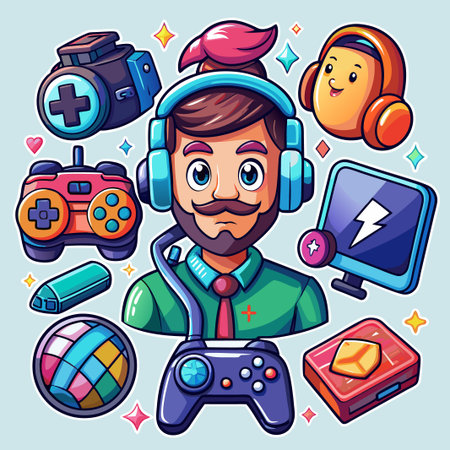 Gamer man with headphones, controller, and other game-related items.のイラスト素材