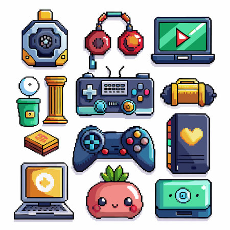 Pixel art set of cute gaming icons, including a gamepad, headphones, a laptop, and more.のイラスト素材