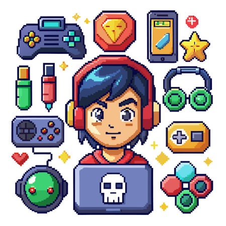 Pixelated Gamer with Headset, Controllers, and Laptop.のイラスト素材