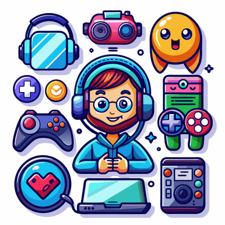 Cute gamer girl with headset and gaming gear.のイラスト素材