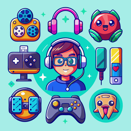Gamer character with headphones, joystick, and other gaming elements.のイラスト素材