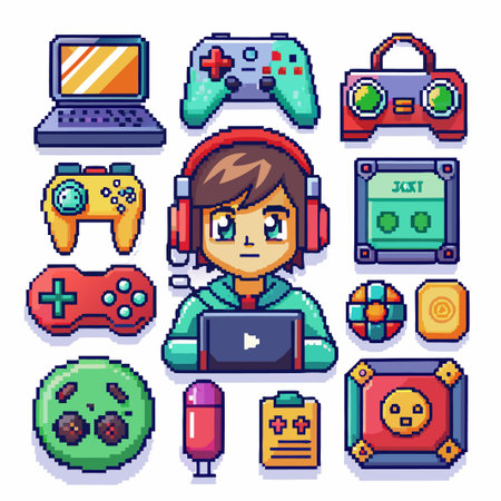 Pixelated gamer avatar with video game elements.のイラスト素材