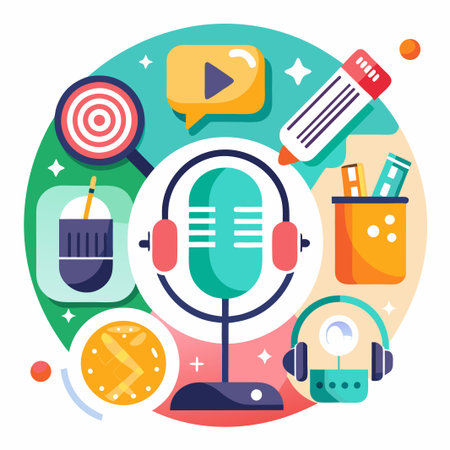 Microphone with colorful objects around in flat design.のイラスト素材