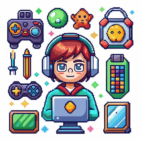 Pixelated character with a laptop and various pixel art items.のイラスト素材