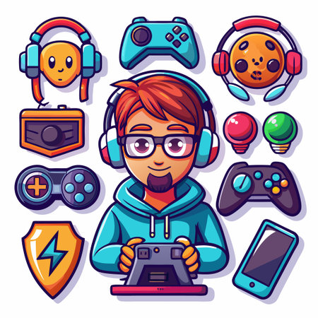 Gamer boy with headphones, gamepad and a smartphone.のイラスト素材