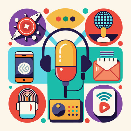 Colorful Illustration of a Podcast Microphone, Headphones and other icons.のイラスト素材