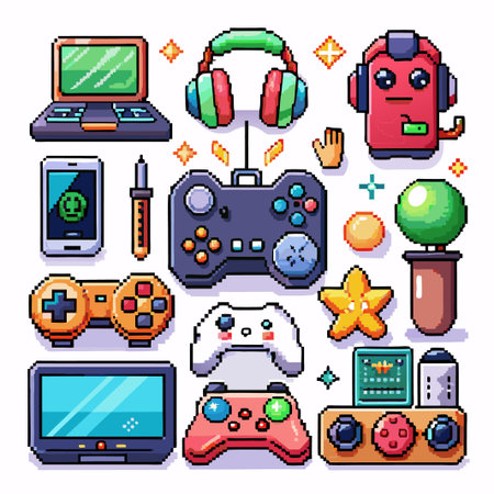 Pixelated Gaming Set with Joystick, Controller, and Headphones.