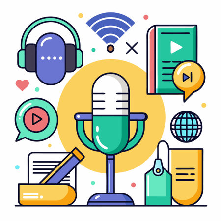 Colorful podcast illustration with a microphone, headphones, and a notepad.のイラスト素材