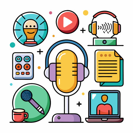 Colorful illustration of podcasting icons.のイラスト素材