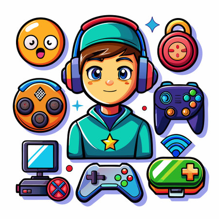 A gamer with a headset, star, and game controllers.のイラスト素材