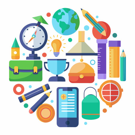 Colorful school supplies arranged in a circle.のイラスト素材