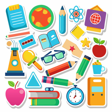 Colorful Stickers of School Supplies and Items.のイラスト素材