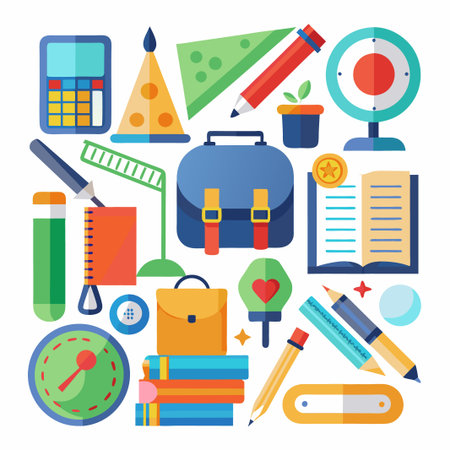 Colorful school supplies in a flat style design.のイラスト素材