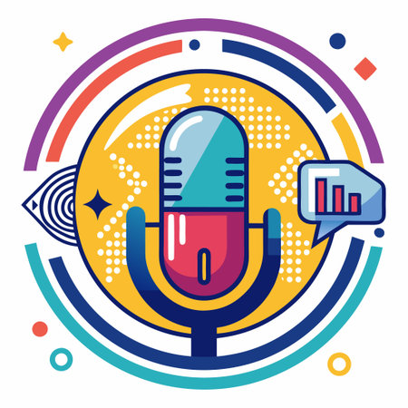 Colorful illustration of a microphone with a speech bubble with a graph in it.のイラスト素材
