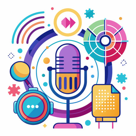 Colorful abstract illustration of a microphone, speaker, and file.のイラスト素材