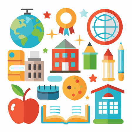 Colorful flat design icons representing education, learning, and school.のイラスト素材