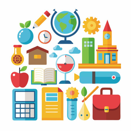 Colorful flat icons of school supplies, education, knowledge, and learning.のイラスト素材