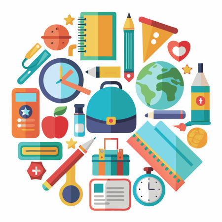 Colorful school supplies arranged in a circle.のイラスト素材