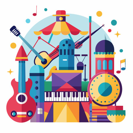Colorful musical instruments and a building with a circus tent on top.のイラスト素材