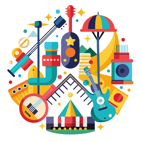 A colorful illustration with various musical instruments like guitar, banjo, and drums, along with a tent and other elements, creating a fun and festive atmosphere.のイラスト素材