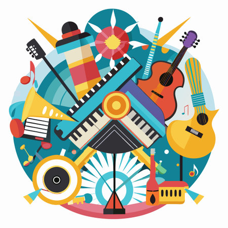 Colorful abstract illustration of musical instruments, including a guitar, keyboard, trumpet, and drums, arranged in a circular pattern.のイラスト素材
