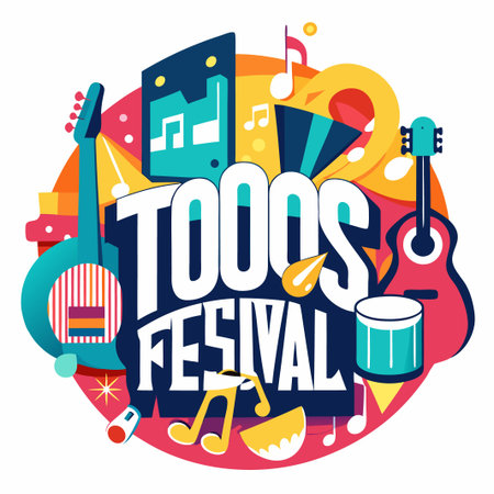 Colorful music festival  design with guitars, drums and musical notes.のイラスト素材